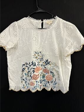 Orange Creek Women's Large Cotton Embroidered Floral Blouse Top Boho Peasant L